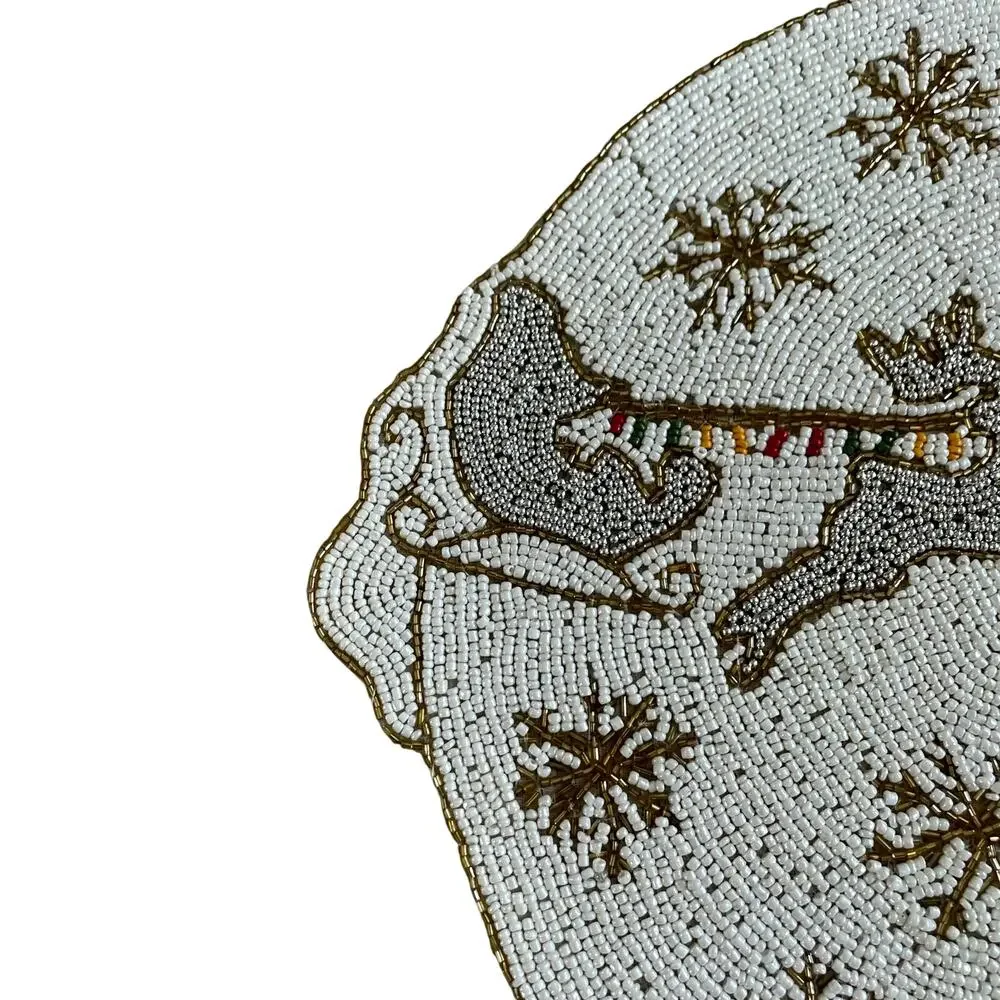 Tahari Christmas Beaded Placemat 15in Holiday Glam Reindeer Snowflakes NEW